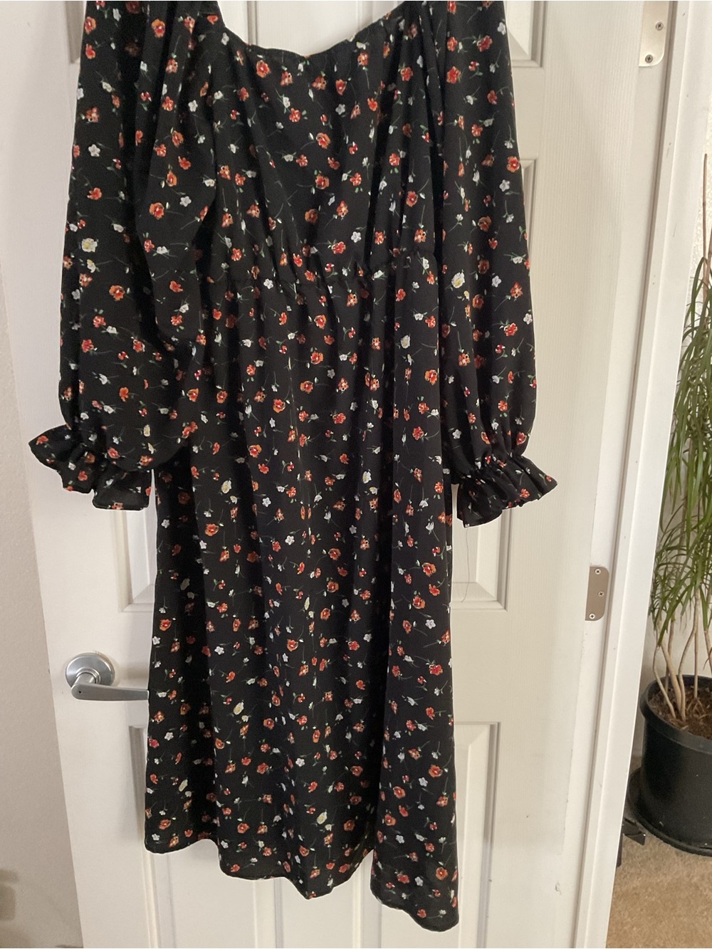 SHEIN Black Floral Midi Dress with Red Rose Print